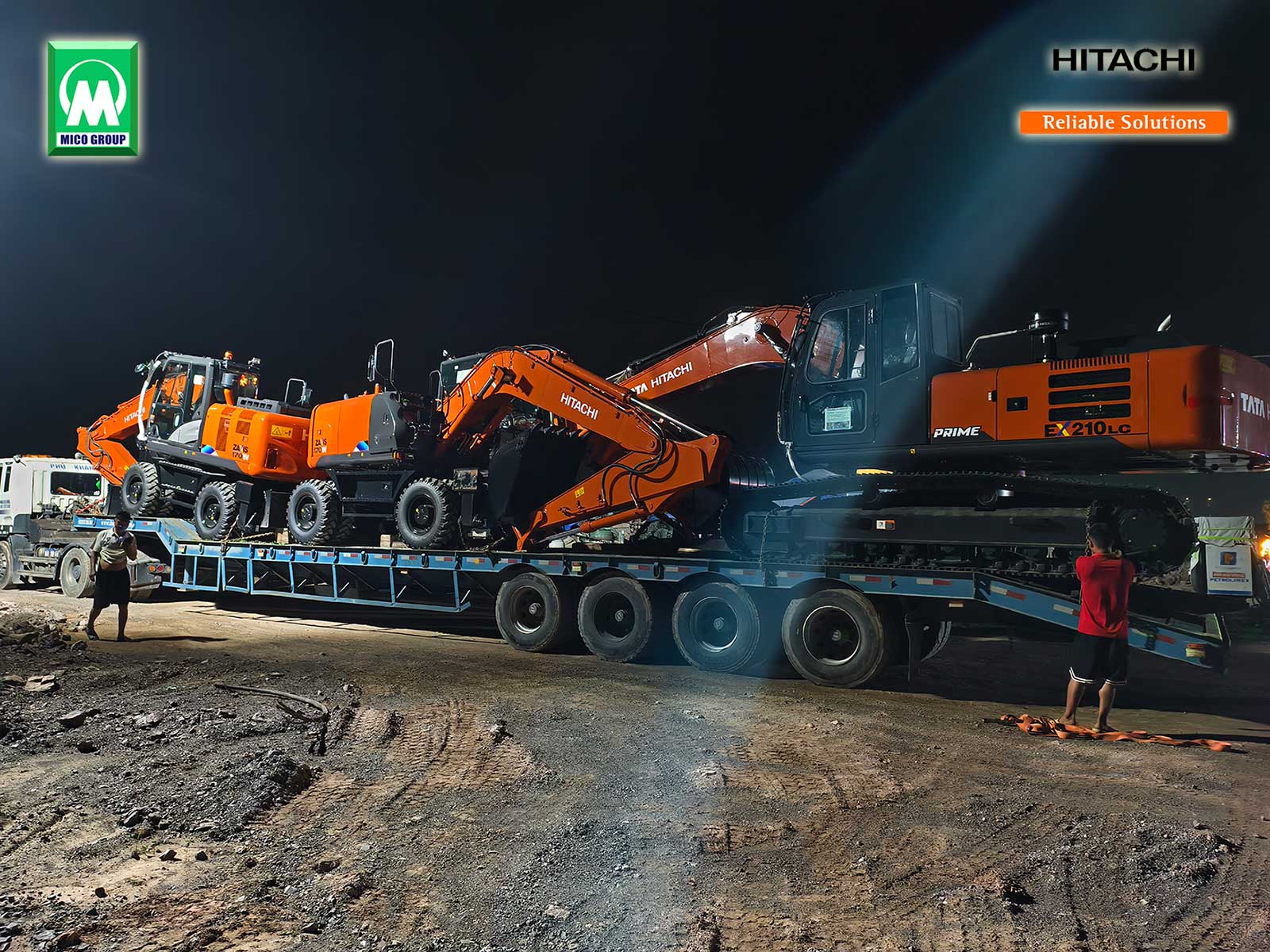 Chuyến xe chở 02 Đào bánh lốp Hitachi ZX170W 17 tấn và 01 Đào bánh xích Ta ta Hitachi EX210LC Prime 21 tấn