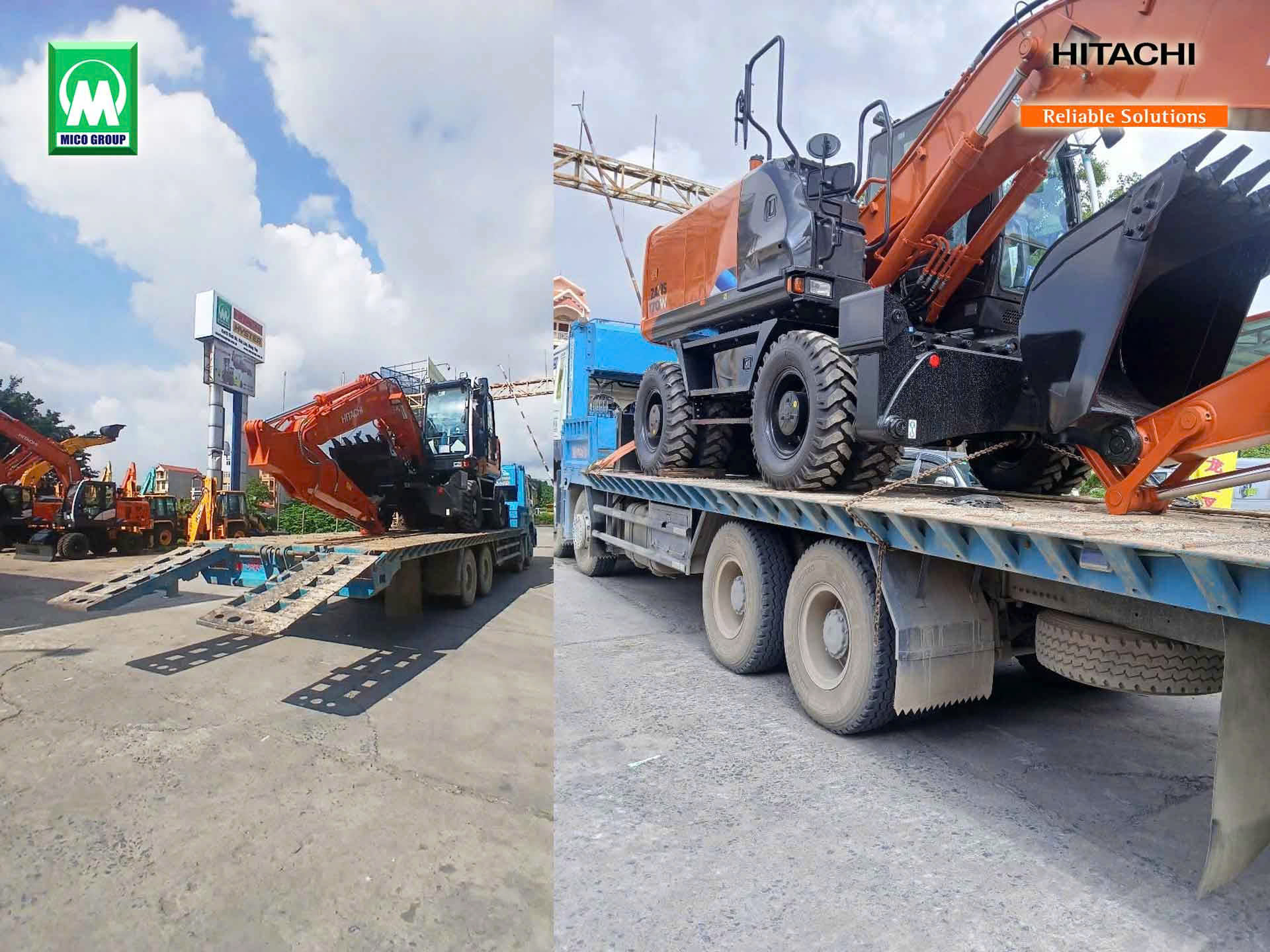 Máy đào bánh lốp Hitachi ZX170W di chuyển từ xưởng MICO