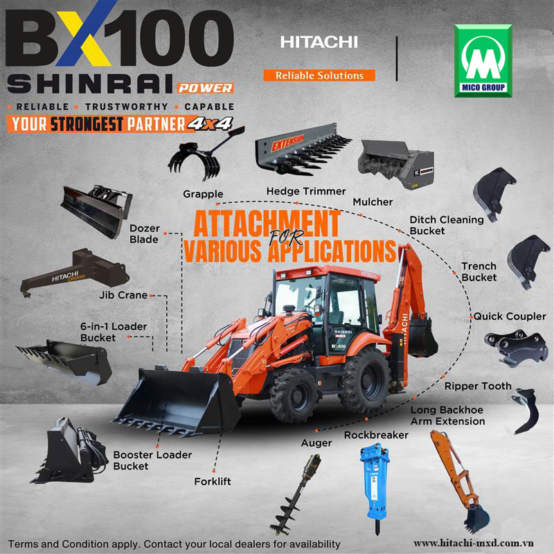 Máy xúc đào liên hợp Hitachi BX100 lắp nhiều phụ kiện